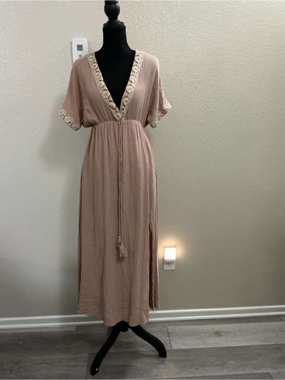 HYFVE Dusty Rose Maxi Dress with Cream Lace Trim
